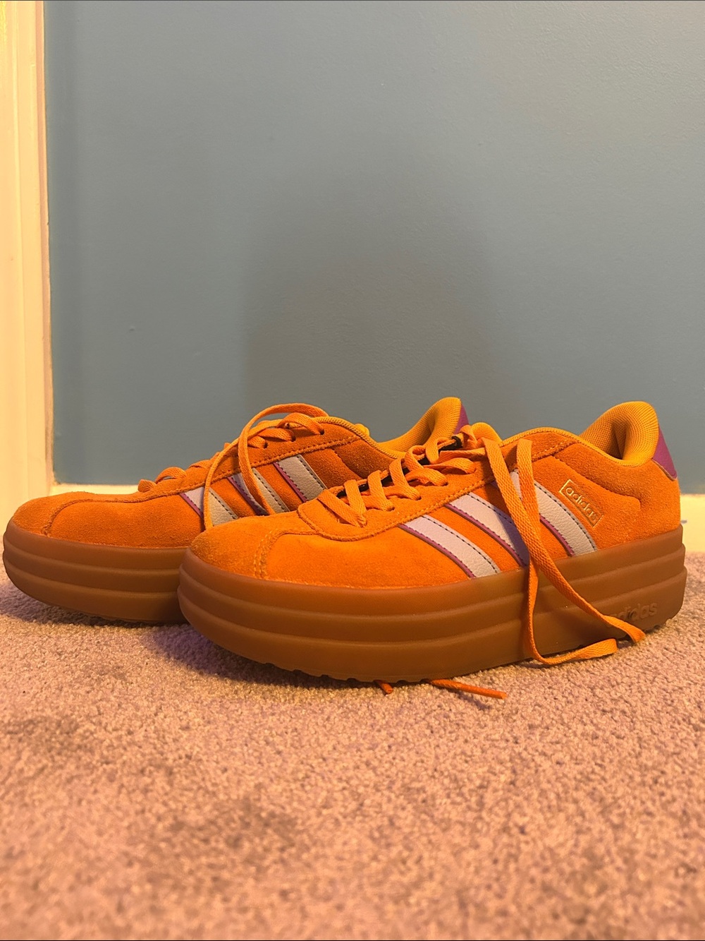 adidas Orange Suede Platform Sneakers with White & Purple Stripes
